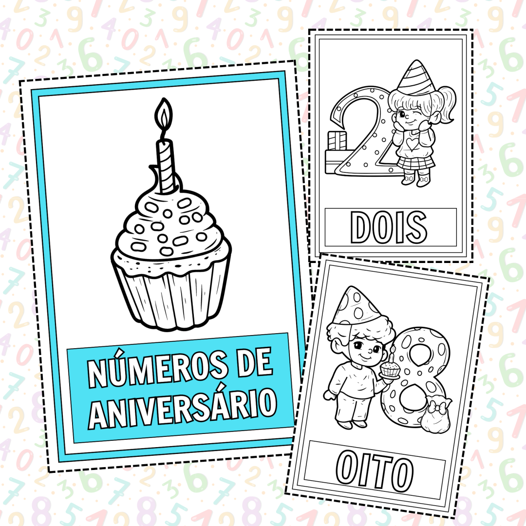 Números Decorados com Tema de Aniversário – Para Colorir