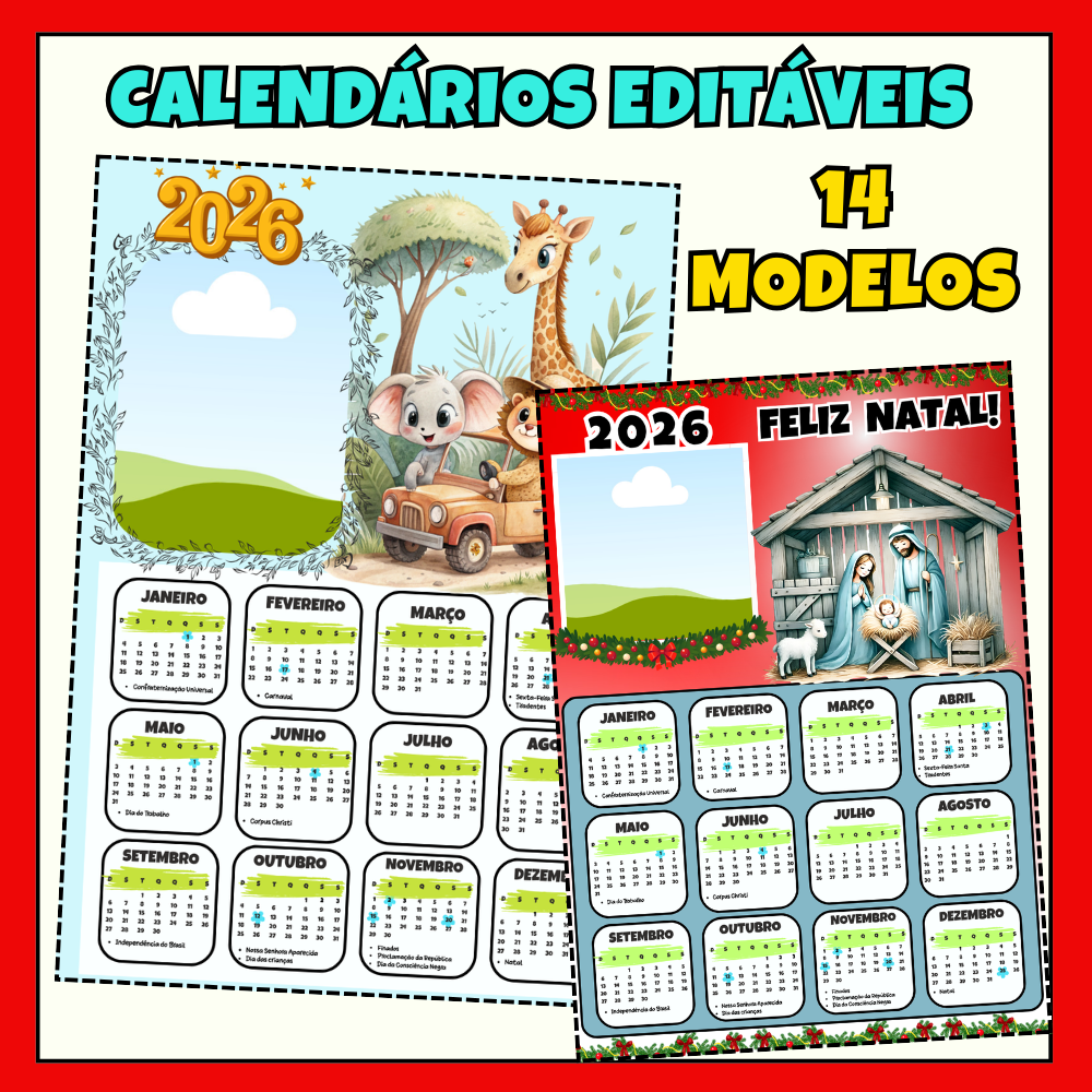 Calendários 2026 Editáveis no Canva – 14 Modelos Lindos e Personalizáveis!
