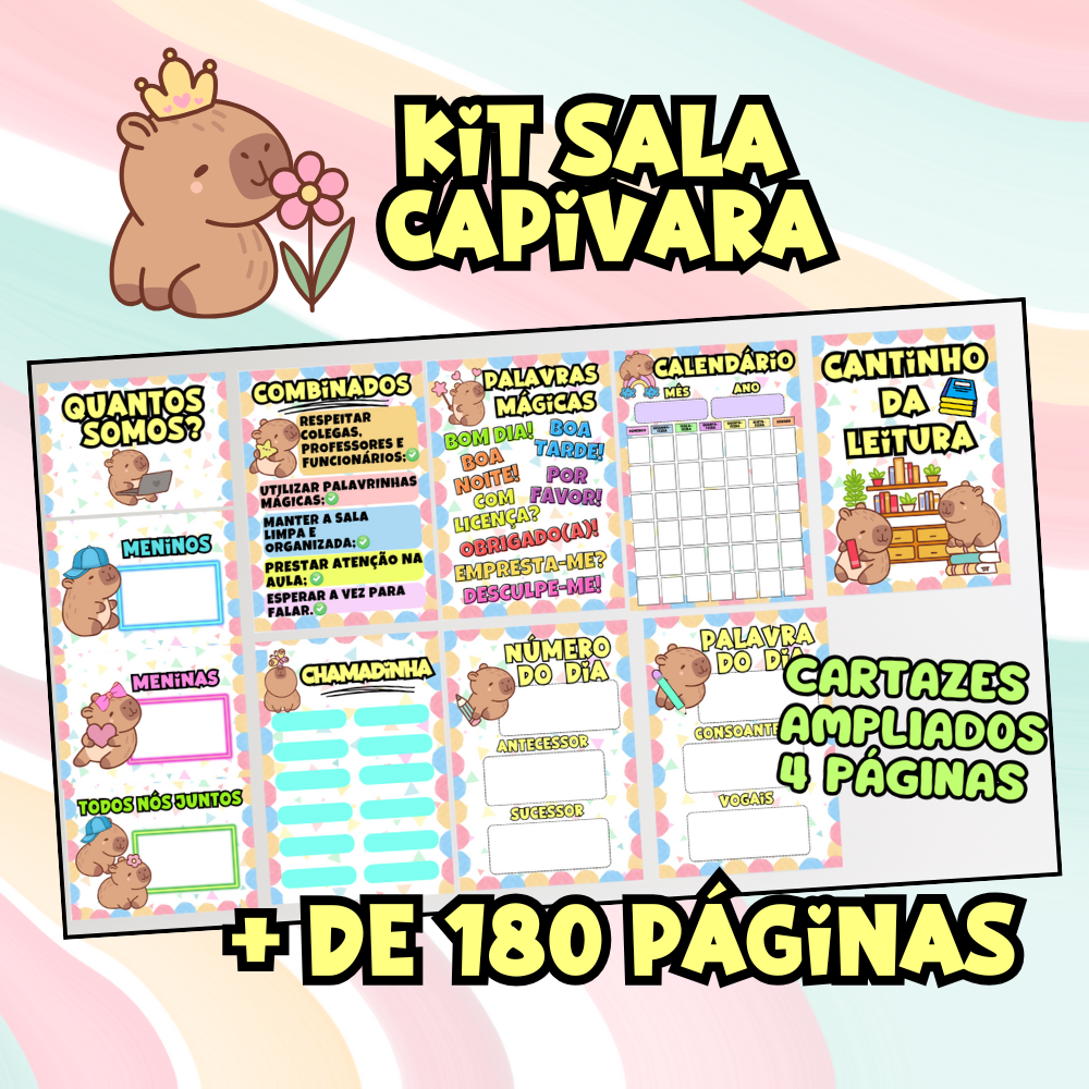 Kit Sala Capivara – Decoração de Sala de Aula + Recursos Pedagógicos em PDF (Alfabeto, Números, Silabário, Chamadinha e Mais)