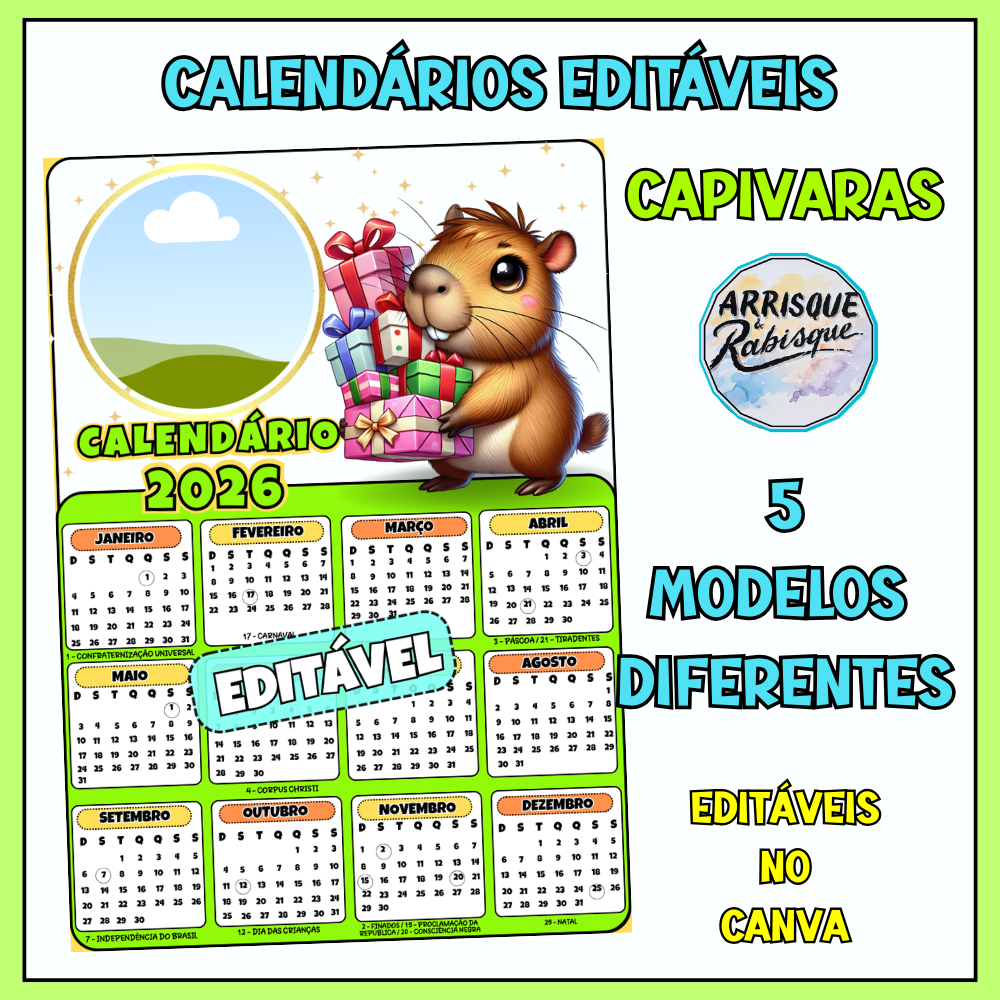 Calendários editáveis de capivaras fofas (2026)
