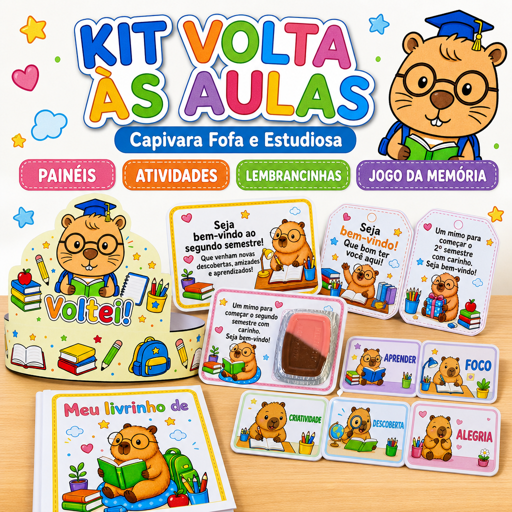 Kit Volta às Aulas — Capivara Fofa e Estudiosa - Início de ano e 2º semestre